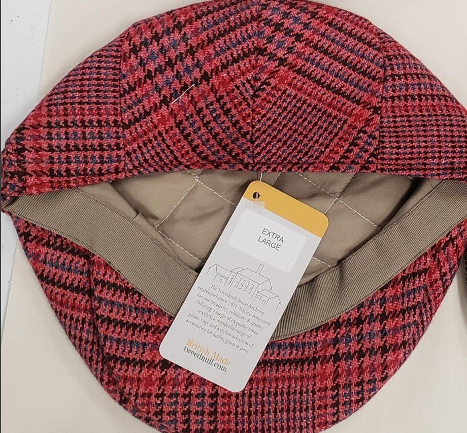 Tweedmill Tweed Flat Cap Houndstooth Tweed Pattern In Burgundy Black and Blue Check Size XL