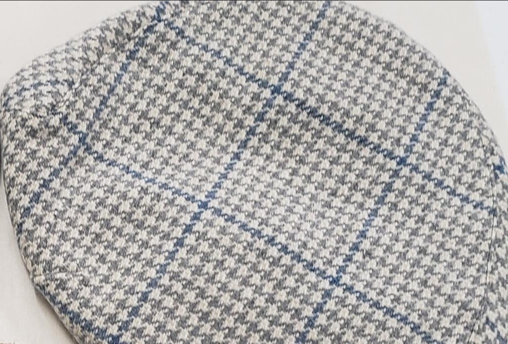 Tweedmill Tweed Flat Cap Houndstooth Pattern In Gray and White with Blue Lines Size M
