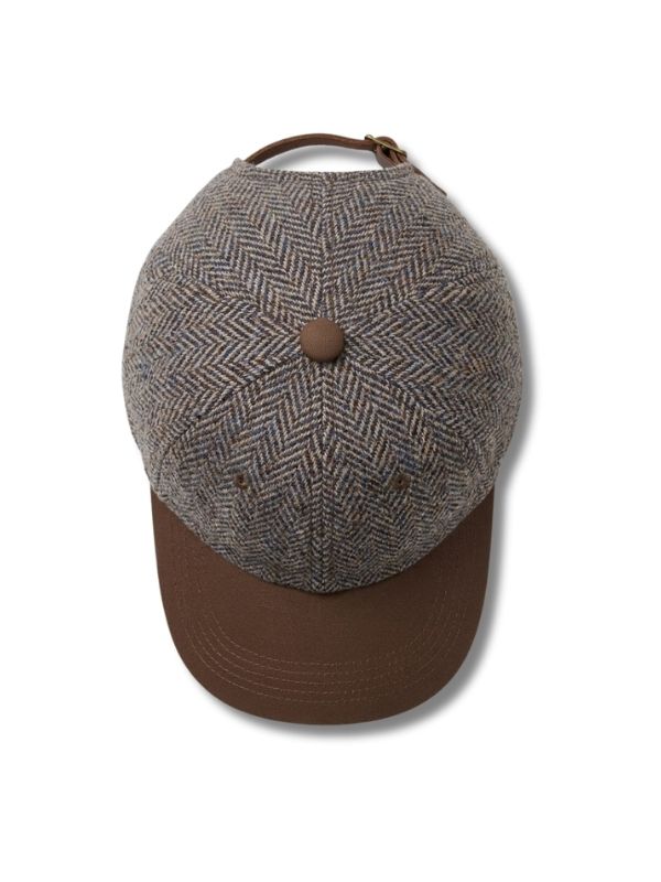 Tweedmill Harris Tweed Baseball Cap - Herringbone Brown, Grey, and Blue with Leather Peak