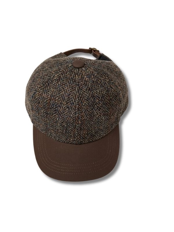 Tweedmill Harris Tweed Baseball Cap - Herringbone Brown, Charcoal Grey with Leather Peak