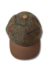Tweedmill Harris Tweed Baseball Cap - Tweed Plaid Moss Green + Earthy Brown with Leather Peak