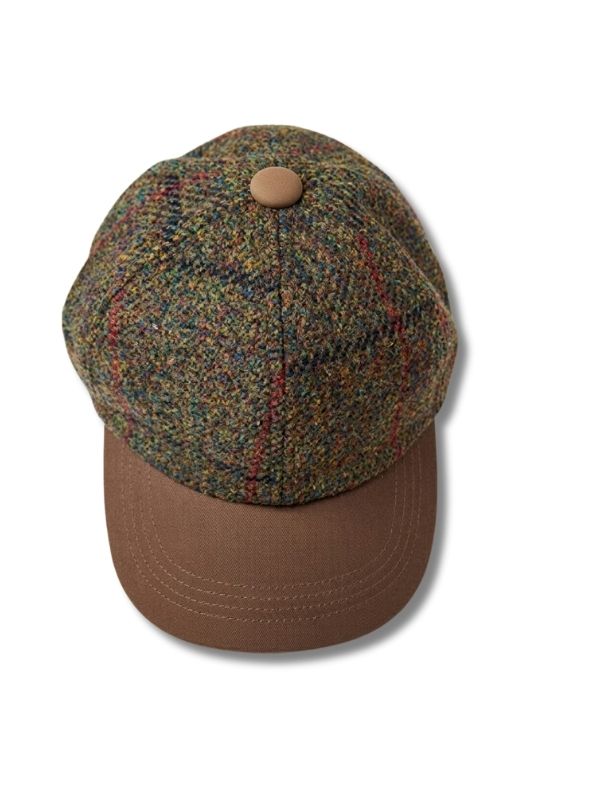 Tweedmill Harris Tweed Baseball Cap - Tweed Plaid Moss Green + Earthy Brown with Leather Peak