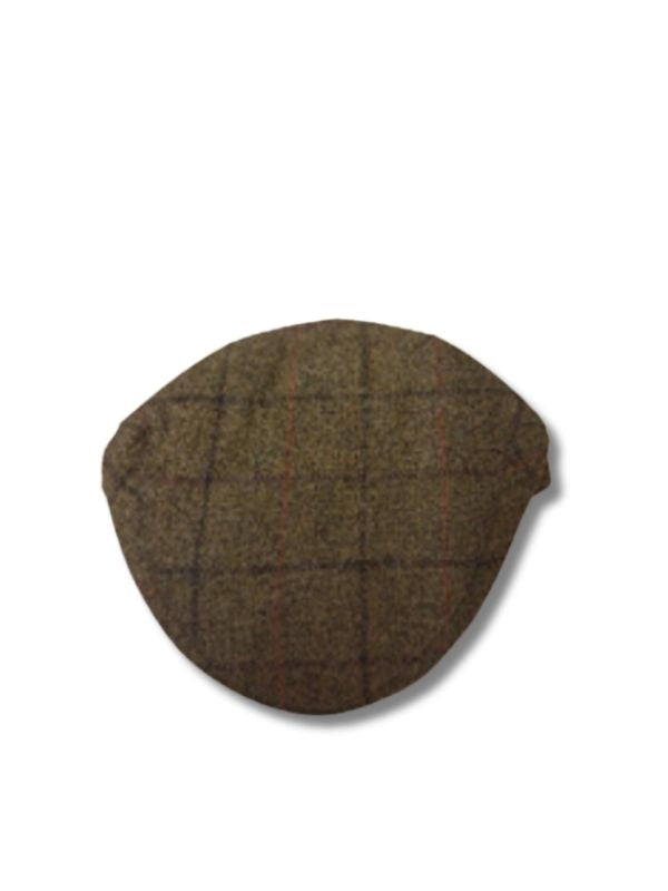 Tweedmill Tweed Flat Cap Grid Pattern In Olive with Brown and Red Lines Size L