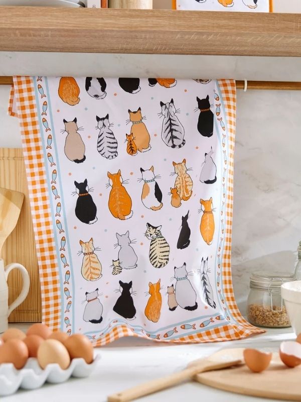 Ulster Weavers Cotton Tea Towel Cats In Waiting (Orange Check Border)