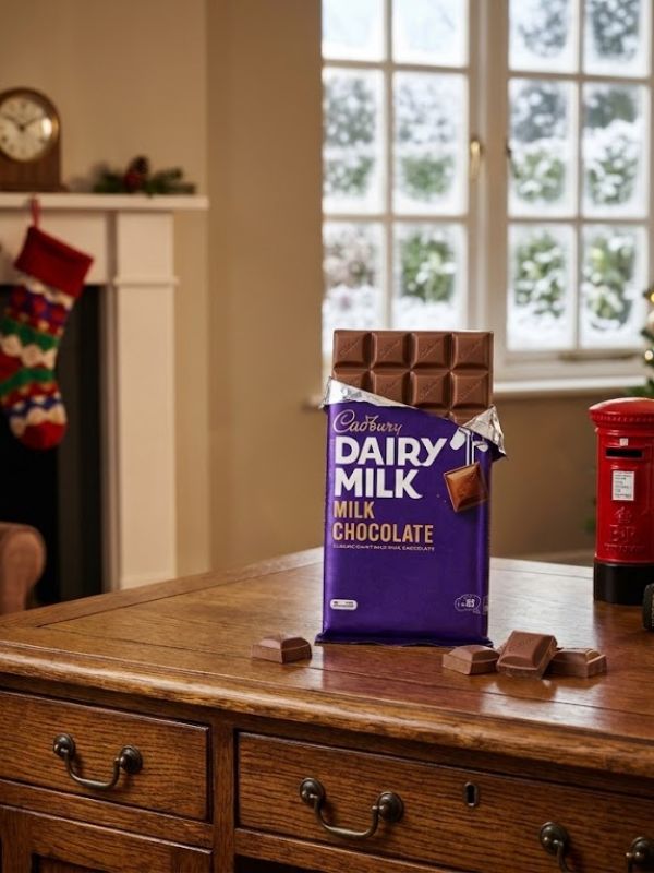 Cadbury Dairy Milk Chocolate 345g with smooth chocolate texture in festive packaging.