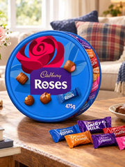 Cadbury Roses Tub 475g in a bright festive sharing tub.