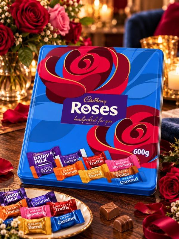 Cadbury Roses tin with colorful wrapped sweets, a British Christmas chocolate tin.