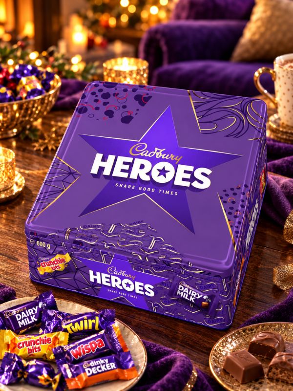 Cadbury Heroes tin with colorful mini bars, a British Christmas chocolate tin.