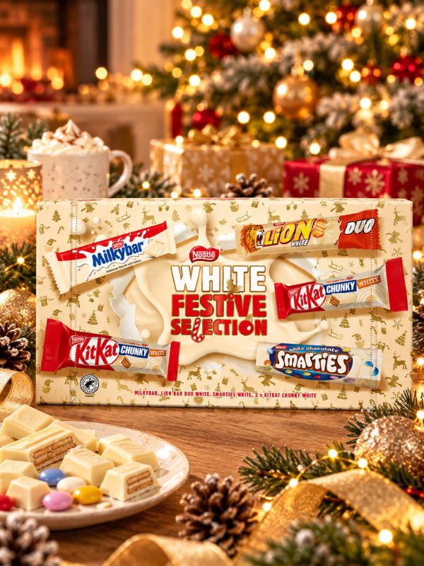 Nestle white chocolate selection box, a festive British chocolate gift for Christmas.