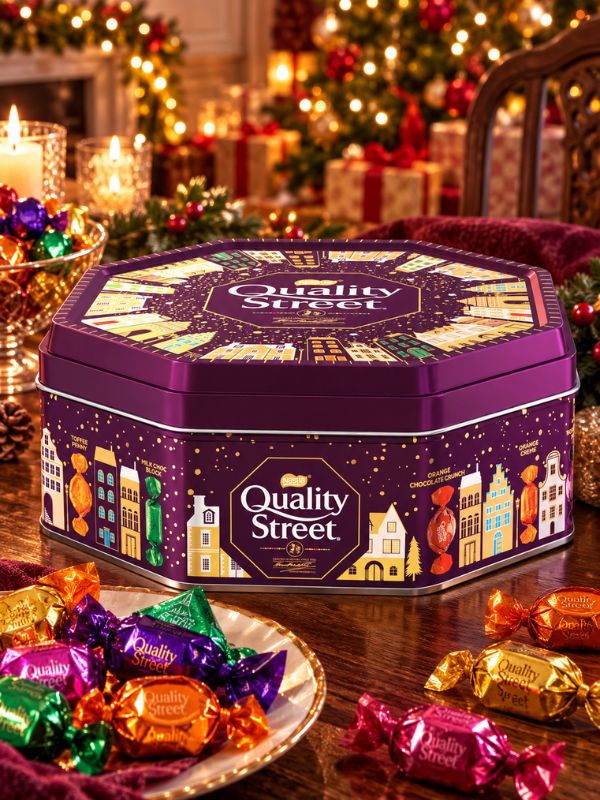 Nestle Quality Street tin with jewel-like wrappers, a British chocolate assortment.