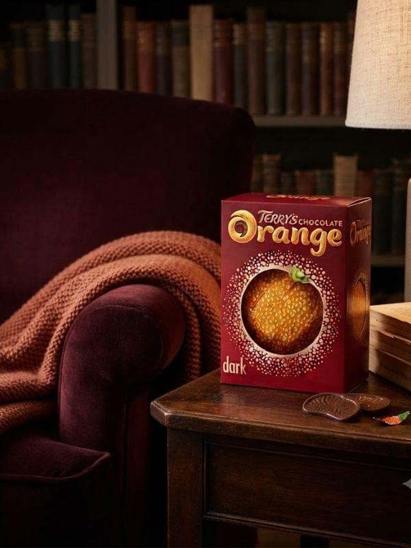 Terrys Chocolate Orange Dark Ball 145g with smooth chocolate texture in festive packaging.