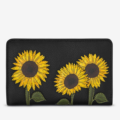 Yoshi Black Sunflowers Zip Around  Leather Purse