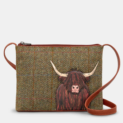 Yoshi Highland Cow Tweed & Brown Leather Cross Body Bag