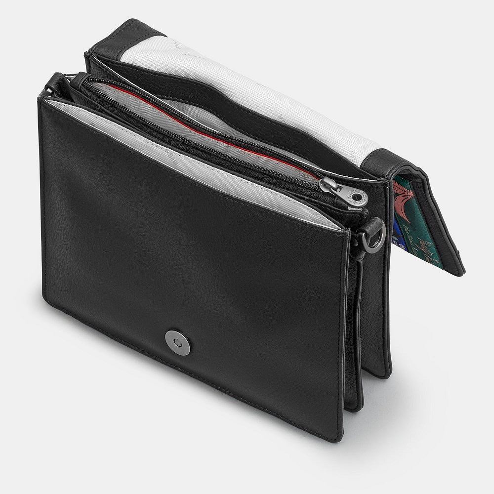 Yoshi Black Vegan Leather Classic Bookworm Triple Gusset Flap Over Cross Body Bag