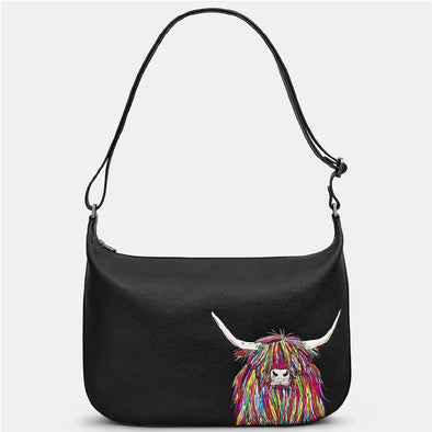Yoshi Rainbow Highland Cow Black Leather Hobo Bag