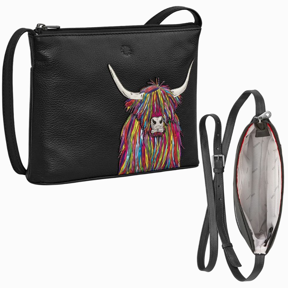 Yoshi Highland Rainbow Cow Black Leather Cross Body Bag
