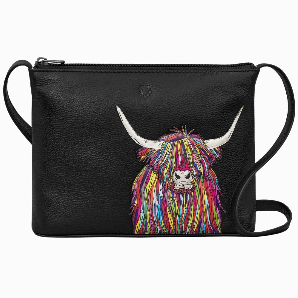 Yoshi Highland Rainbow Cow Black Leather Cross Body Bag