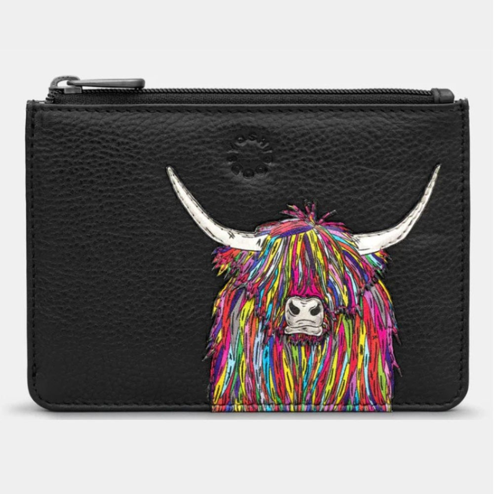 Yoshi Black Rainbow Highland Cow Zip Top Purse
