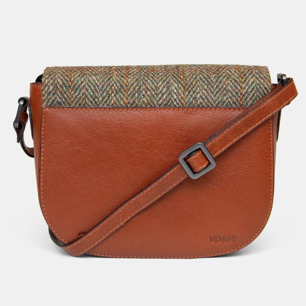 Yoshi Highland Cow Harris Tweed & Brown Leather Flap Over Cross Body Bag
