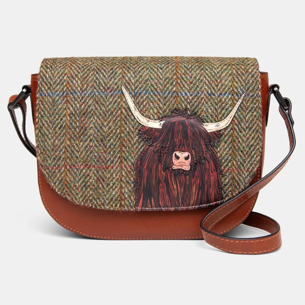 Yoshi Highland Cow Harris Tweed & Brown Leather Flap Over Cross Body Bag