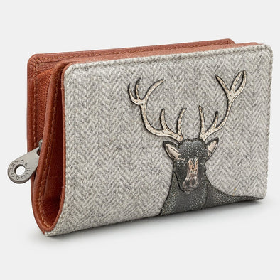 Yoshi Brown + Tweed Highland Stag Zip Around Leather Purse