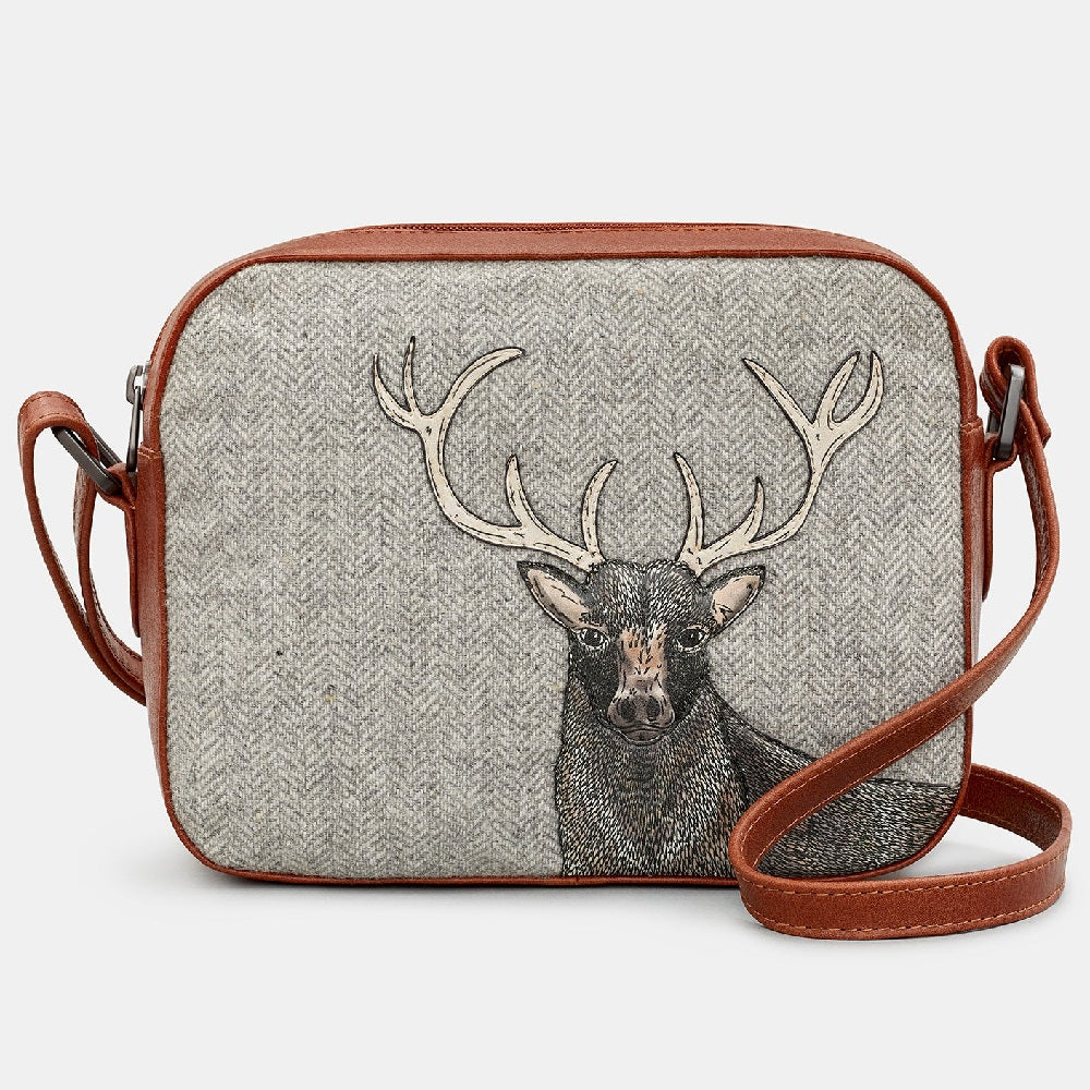 Yoshi Brown + Tweed Highland Stag Belmont Cross Camera Leather Bag