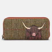 Yoshi Brown + Tweed Highland Cow Zip Around Leather Purse product image with Highland, Cow