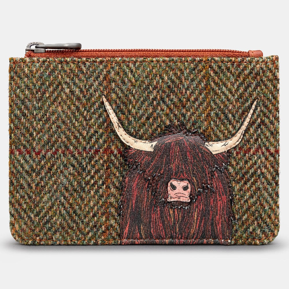 Yoshi Brown + Tweed Highland Cow Zip Top Leather Purse