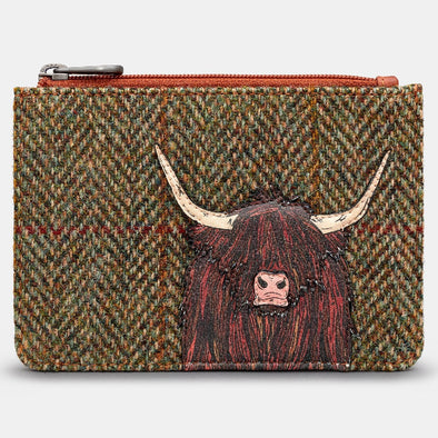 Yoshi Brown + Tweed Highland Cow Zip Top Leather Purse