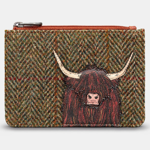 Yoshi Brown + Tweed Highland Cow Zip Top Leather Purse